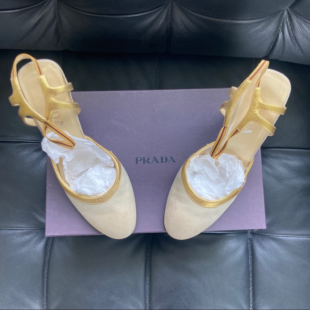 Prada Gold and Cream Slingback Heels